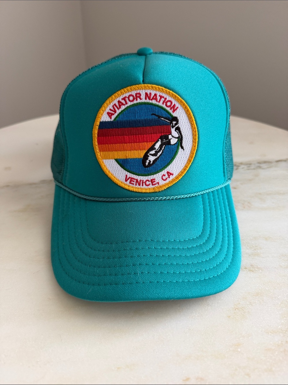 Aviator Nation Teal Trucker Hat with Retro Stripe Patch